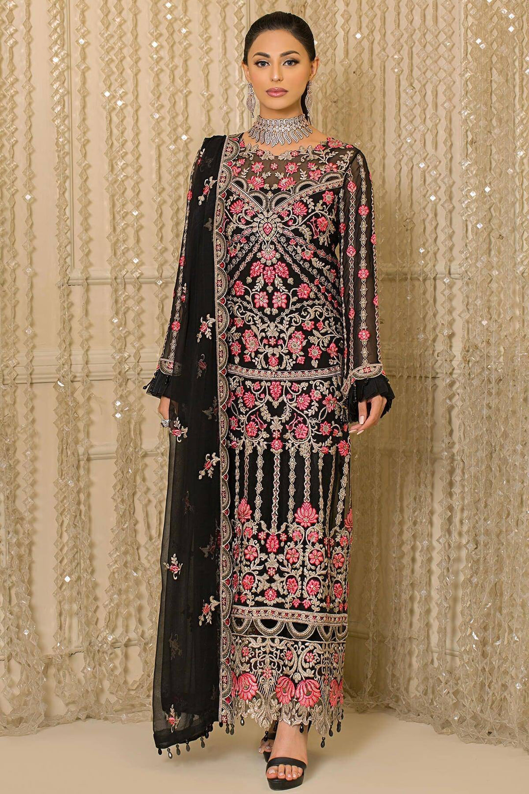 Front view of Imrozia Black Chiffon Suit with intricate designs