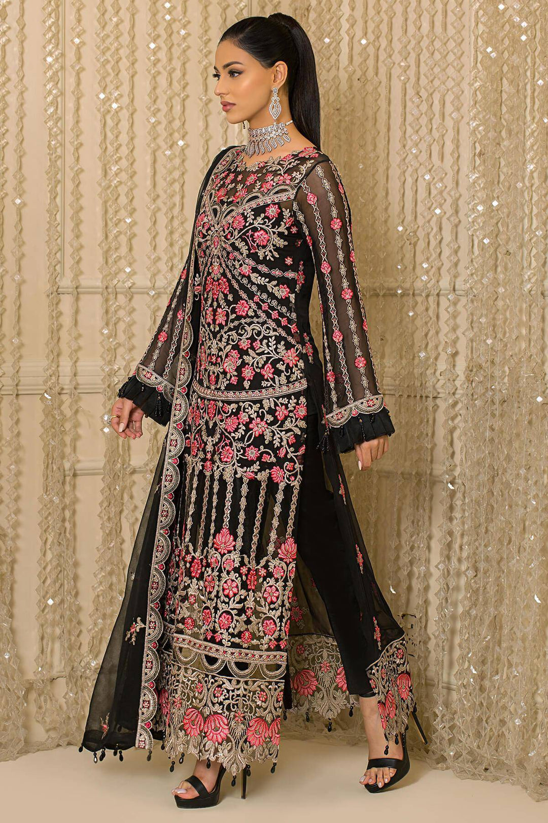 black chiffon dress pakistani Jet Black Chiffon Heavy Embroidered Straight Cut Luxe Party Wear