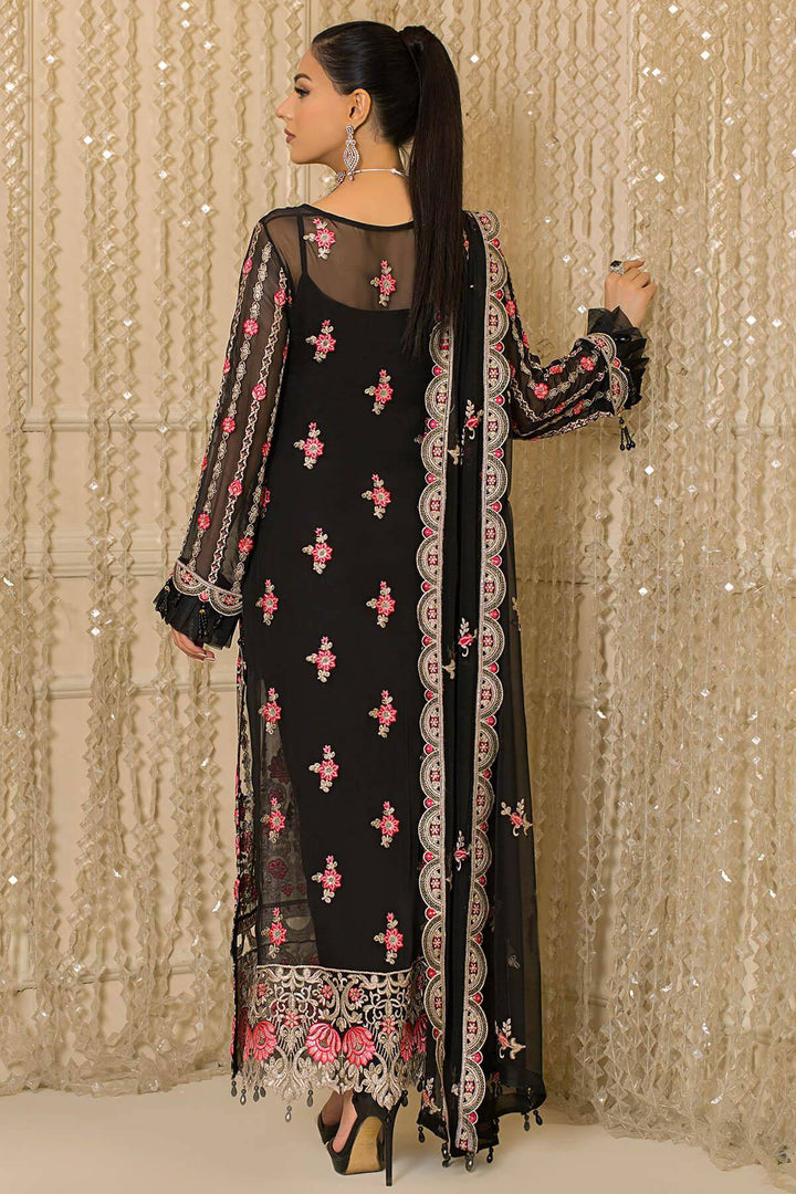 Back view of Imrozia Black Chiffon Suit with floral patterns