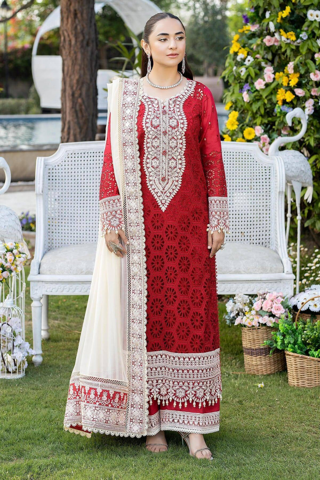 white and red dress Pakistani Clothes Houston - Imrozia Serene Luxury