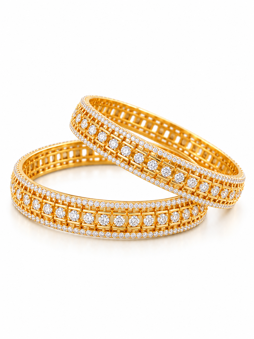 Gold Tone Lattice Bangles with Clear Round Stones | GG-06