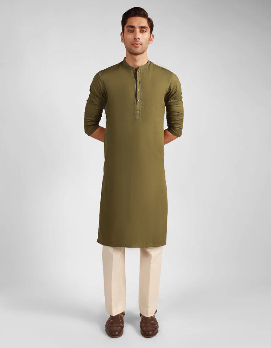 Junaid Jamshed Semi-Formal Kurta - Green Blended in regular fit, full-length design with beige trousers, ideal for festive occasions.