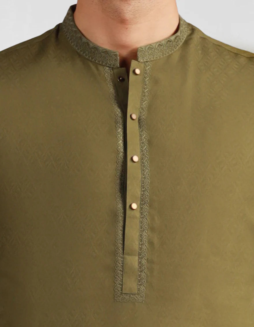 Close-up of Junaid Jamshed Green Blended Kurta showcasing embroidered placket and metallic buttons for a refined semi-formal look.