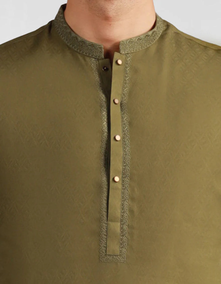 Close-up of Junaid Jamshed Green Blended Kurta showcasing embroidered placket and metallic buttons for a refined semi-formal look.