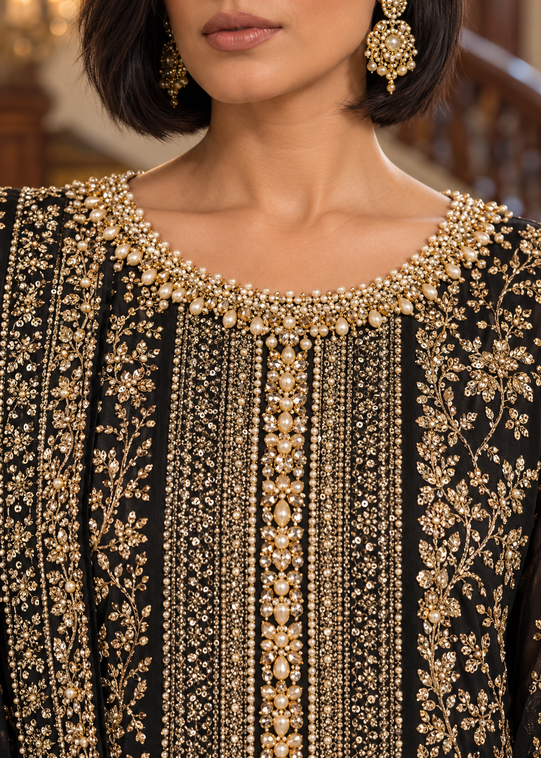 BLACK 3 Piece Embroidered Organza Suit | AL-3881-16