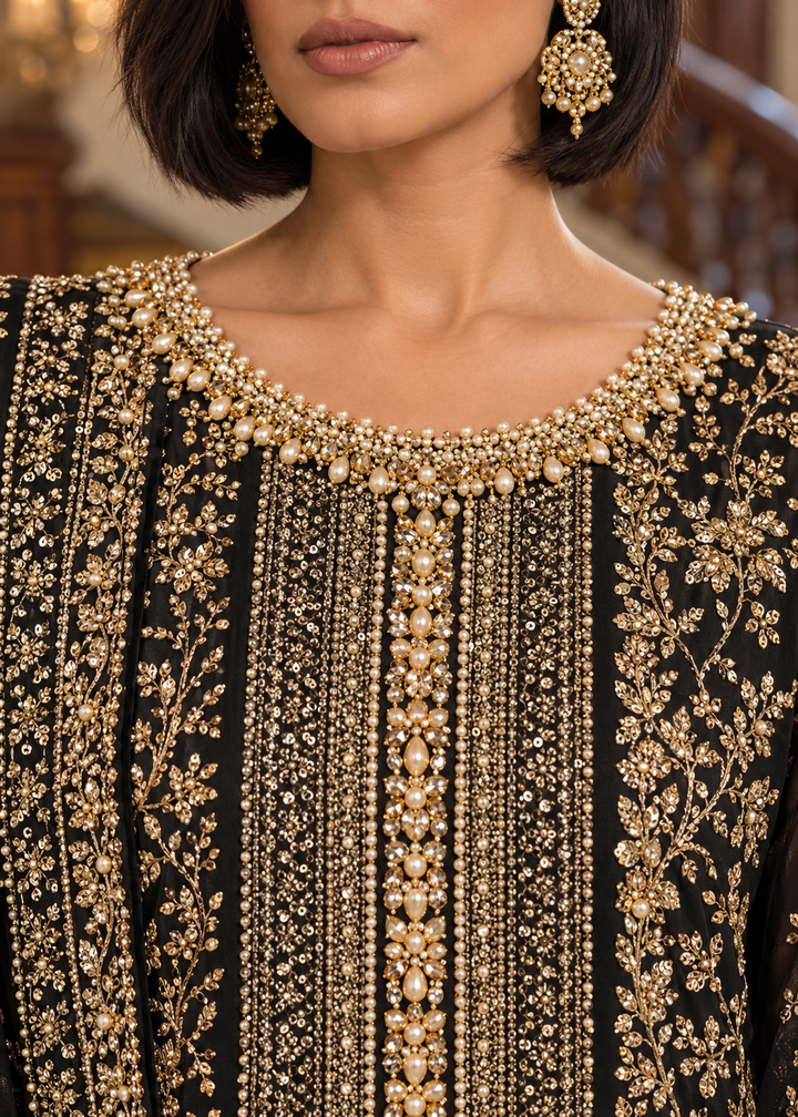 BLACK 3 Piece Embroidered Organza Suit | AL-3881-16