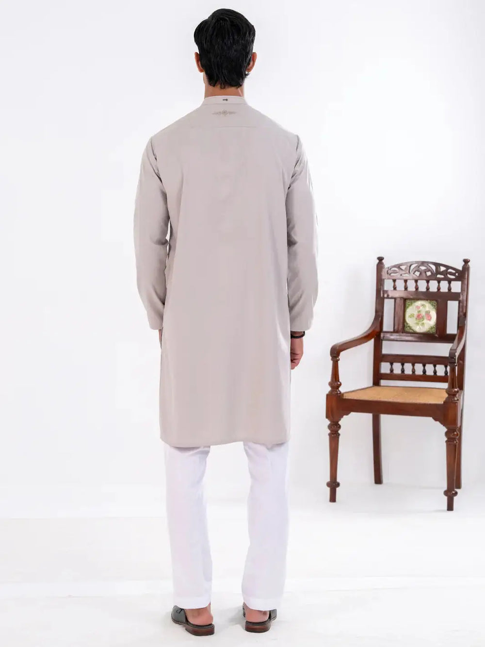 Back view of Ash Grey Blended Kurta, men's ethnic apparel for festive occasions