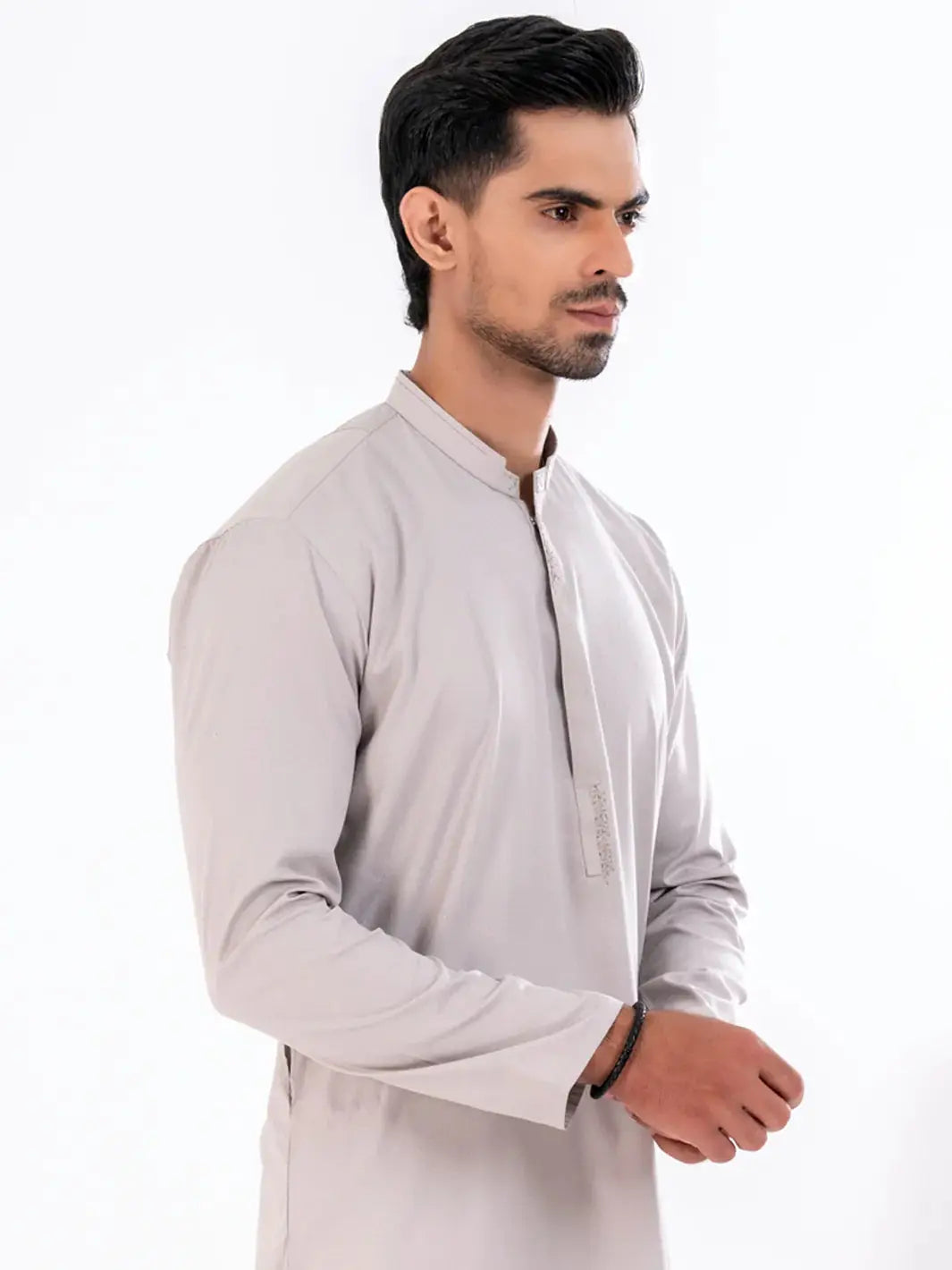 Close-up of Ash Grey Blended Kurta collar and fabric details, men&