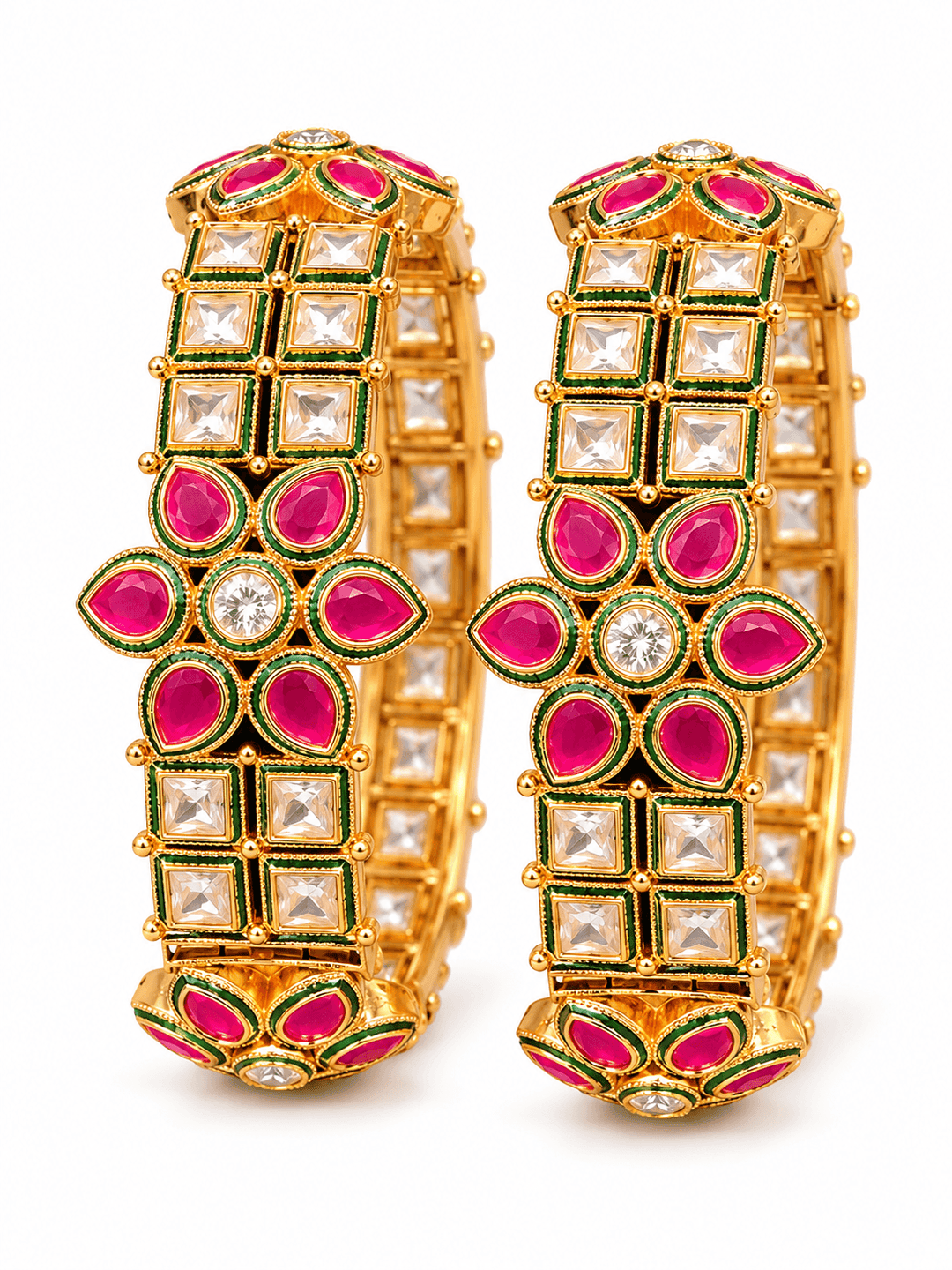 Polki Kundan Pink Stone Bangles with Floral Design | GG-02