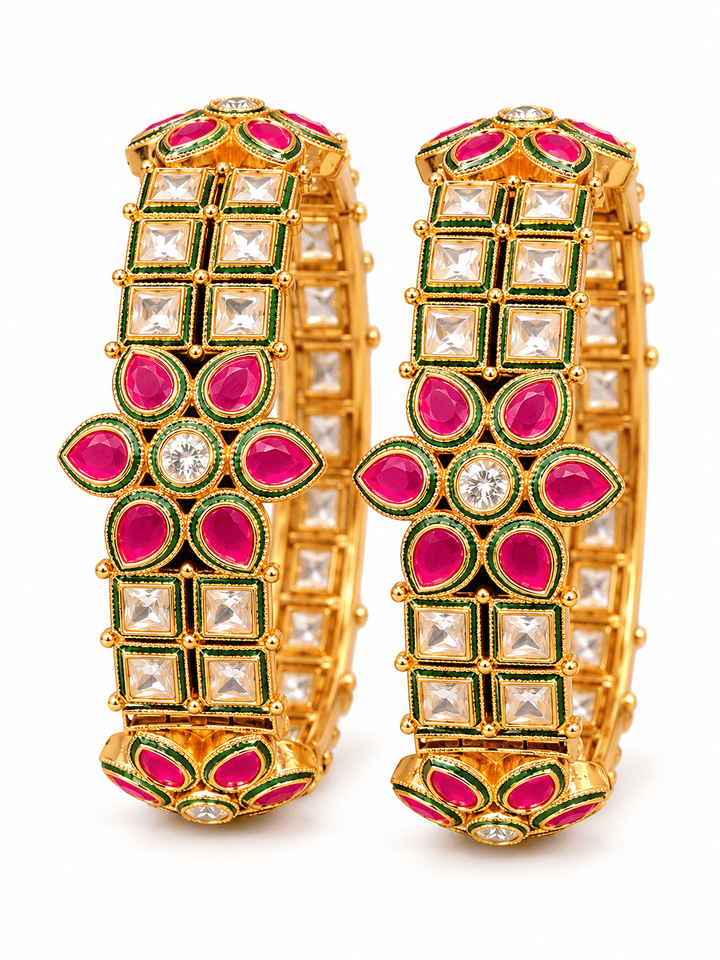 Polki Kundan Pink Stone Bangles with Floral Design | GG-02