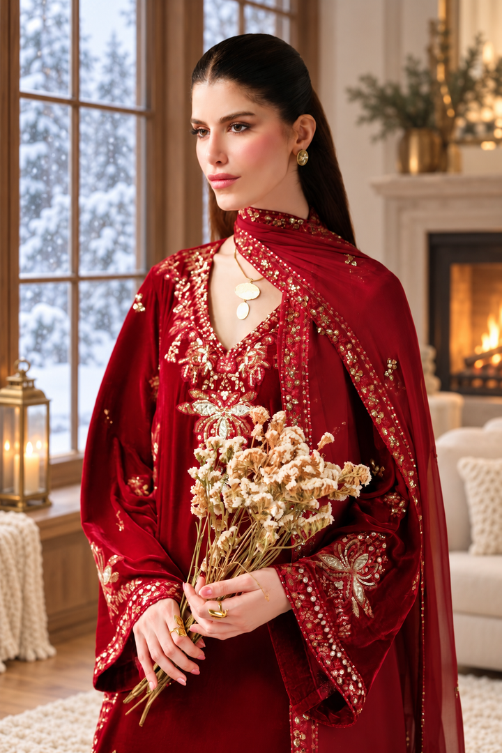 Red Velvet Suit with Dupatta - Sequin Embroidery | D-7-13