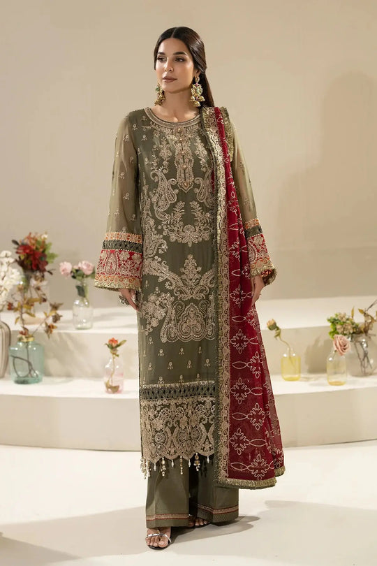 IMROZIA SERENE ALEHA - Pakistani clothes in Pakistan featuring a mehndi green chiffon shirt with intricate embroidery, paired with raw silk trousers and a red embroidered dupatta. Ideal for formal wear in the Apparel & Accessories > Clothing category.