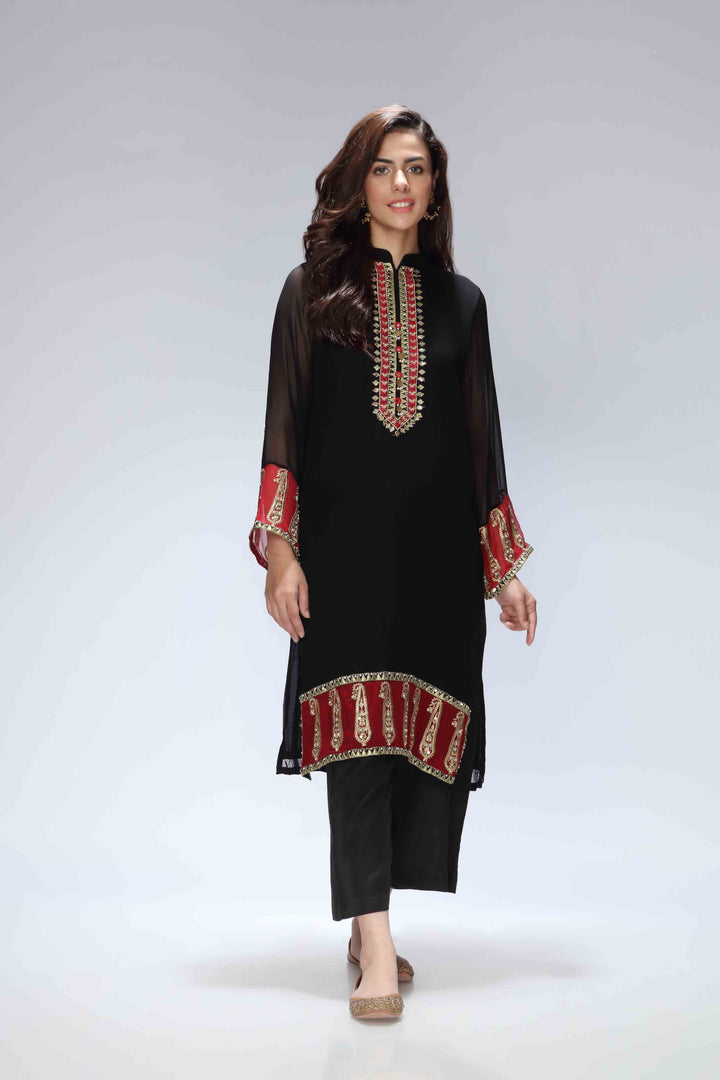 RANGJA RANGJA Pakistani Traditional shirt Red Paisley | FR075703-08 SHIRT RANGREZA USA 7327625425 United States M Black Chiffon M / Black / Chiffon