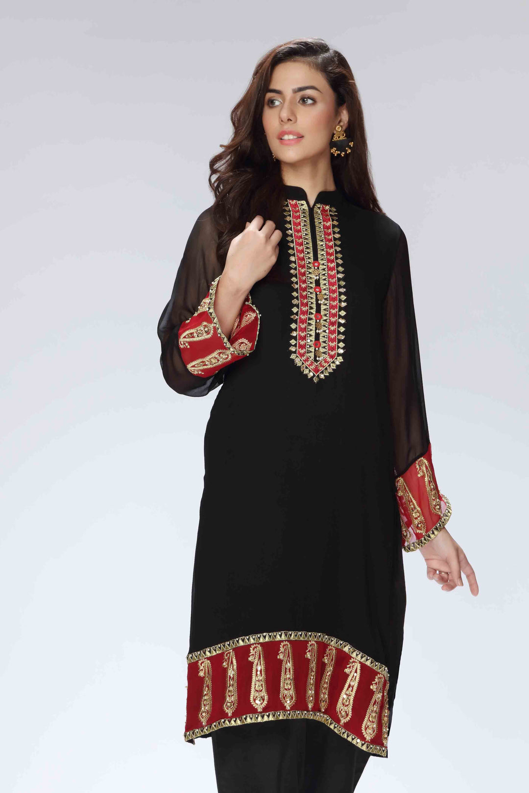 RANGJA RANGJA Pakistani Traditional shirt Red Paisley | FR075703-08 SHIRT RANGREZA USA 7327625425 United States M Black Chiffon M / Black / Chiffon