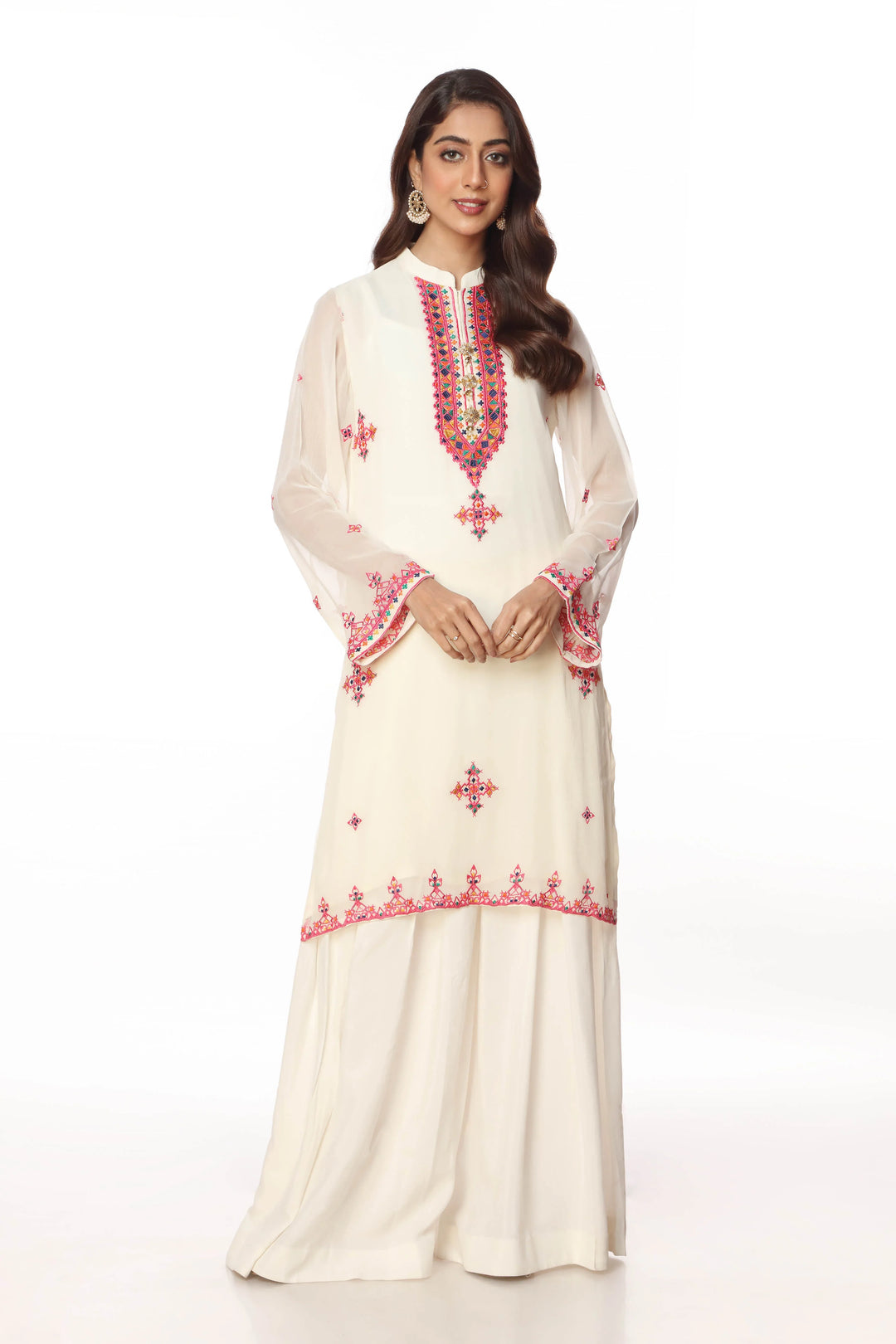 Pink Geometric Pakistani Fancy White Shirt 1PC | FR0668-10