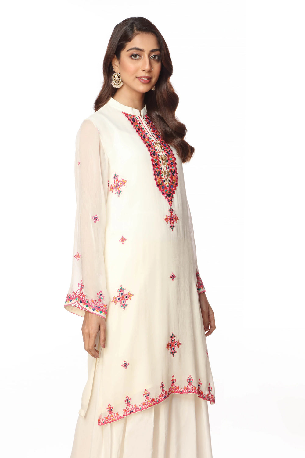 Pink Geometric Pakistani Fancy White Shirt 1PC | FR0668-10