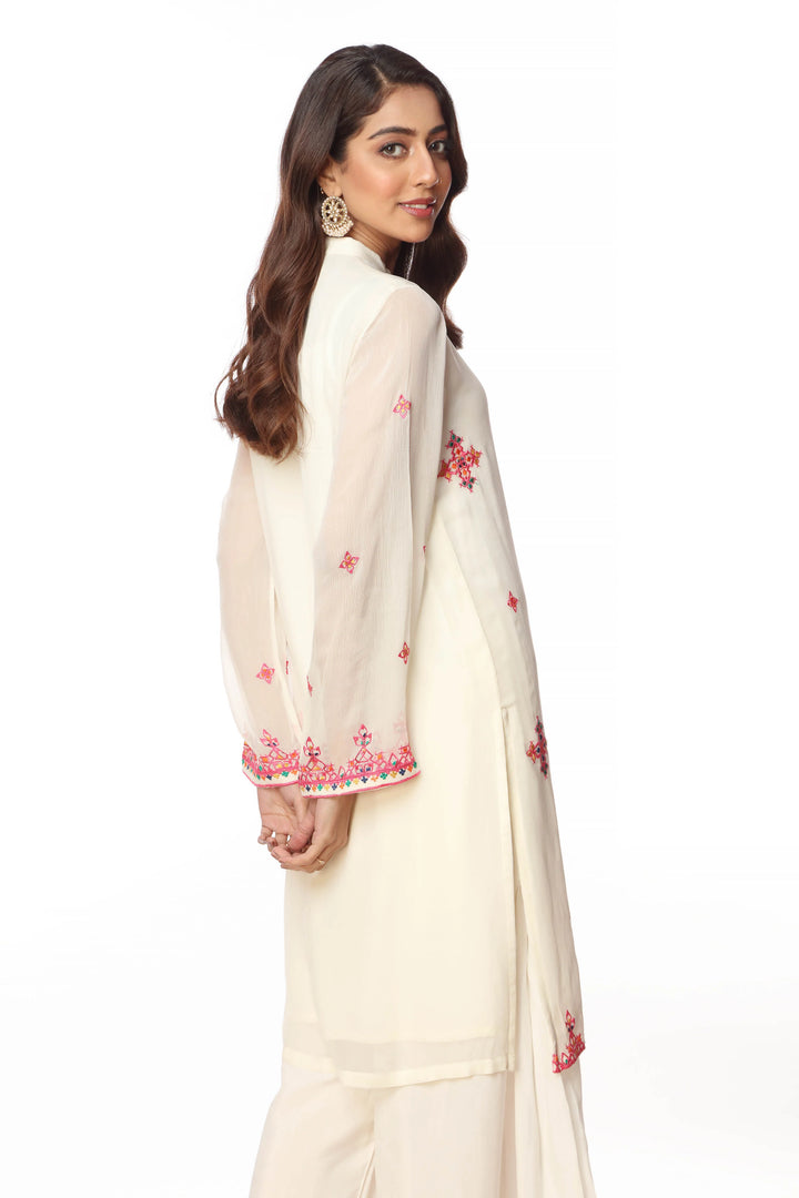 Pink Geometric Pakistani Fancy White Shirt 1PC | FR0668-10