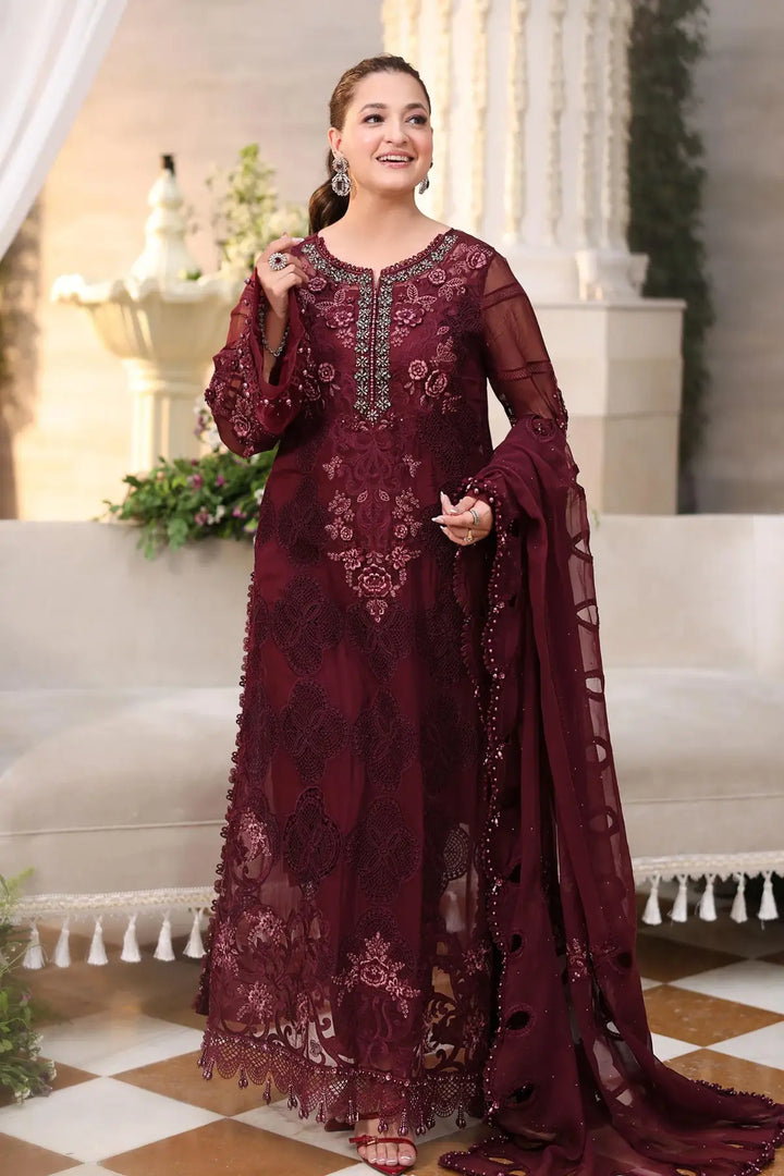 Rangreza Maroon Embroidered Chiffon 3-Piece Suit  | AL-4496