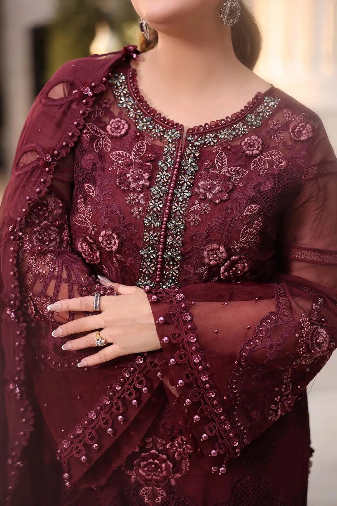 Rangreza Maroon Embroidered Chiffon 3-Piece Suit  | AL-4496