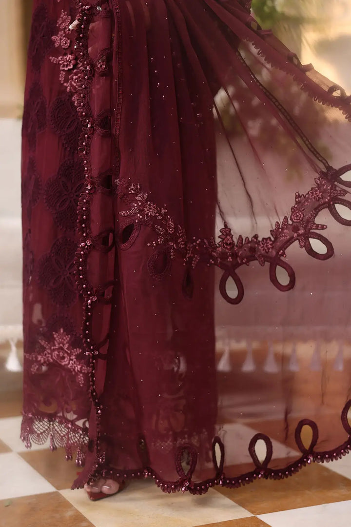 Rangreza Maroon Embroidered Chiffon 3-Piece Suit  | AL-4496
