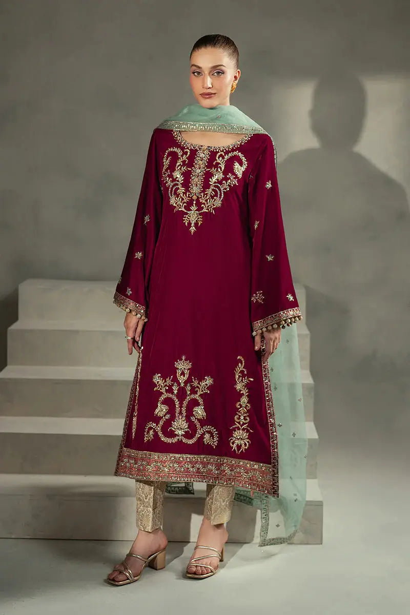 Full front view of MUSHQ Velvet - Ruby Maroon Shirt Set with ornate embroidery, mint dupatta, and jamawar bottoms.