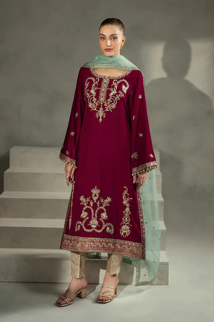 Full front view of MUSHQ Velvet - Ruby Maroon Shirt Set with ornate embroidery, mint dupatta, and jamawar bottoms.