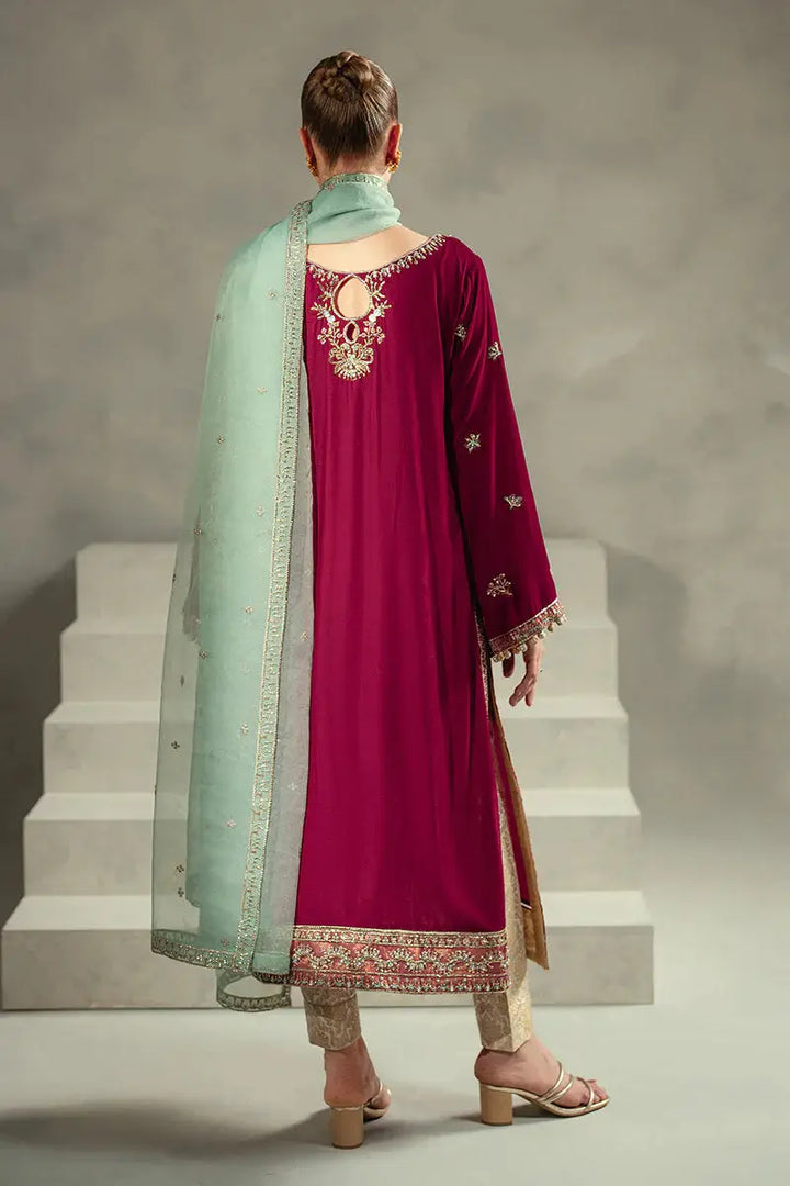 Back view of MUSHQ Velvet - Ruby Maroon Shirt Set showing embroidered neckline and mint green dupatta with delicate embellishments.