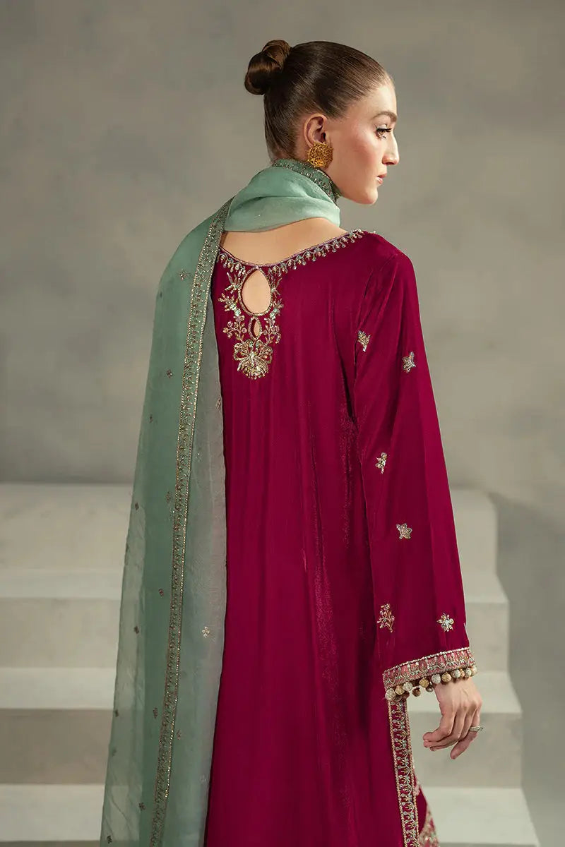 Rear close-up of MUSHQ Velvet - Ruby Maroon Shirt Set showing keyhole neckline and embellished mint dupatta draped over shoulder.