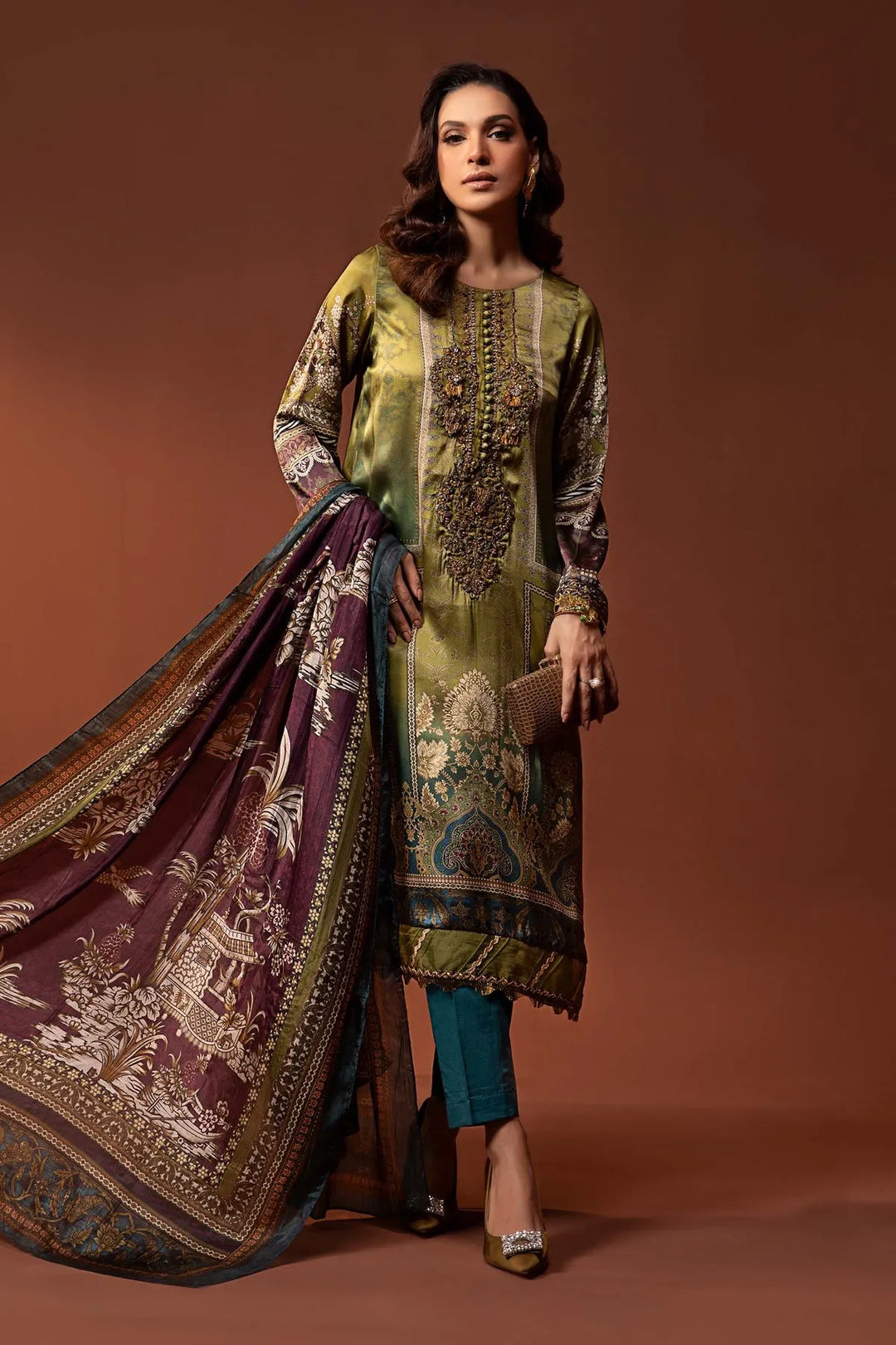 MARIA.B Maria B 3 Piece Embroidered Pure Charmeuse Silk Suit | MPS-PF24-03-30 SHIRT BOTTON AND DUPATTA RANGREZA USA 7327625425 United States XL Green Silk XL / Green / Silk