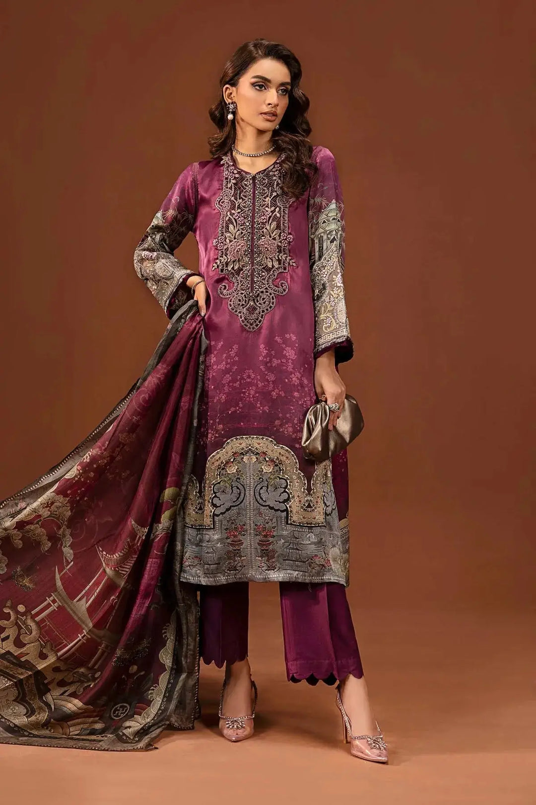 MARIA.B Maria B 3 Piece Embroidered Pure Charmeuse Silk Suit | MPS-PF24-04-30 SHIRT BOTTON AND DUPATTA RANGREZA USA 7327625425 United States XL Purple Silk XL / Purple / Silk