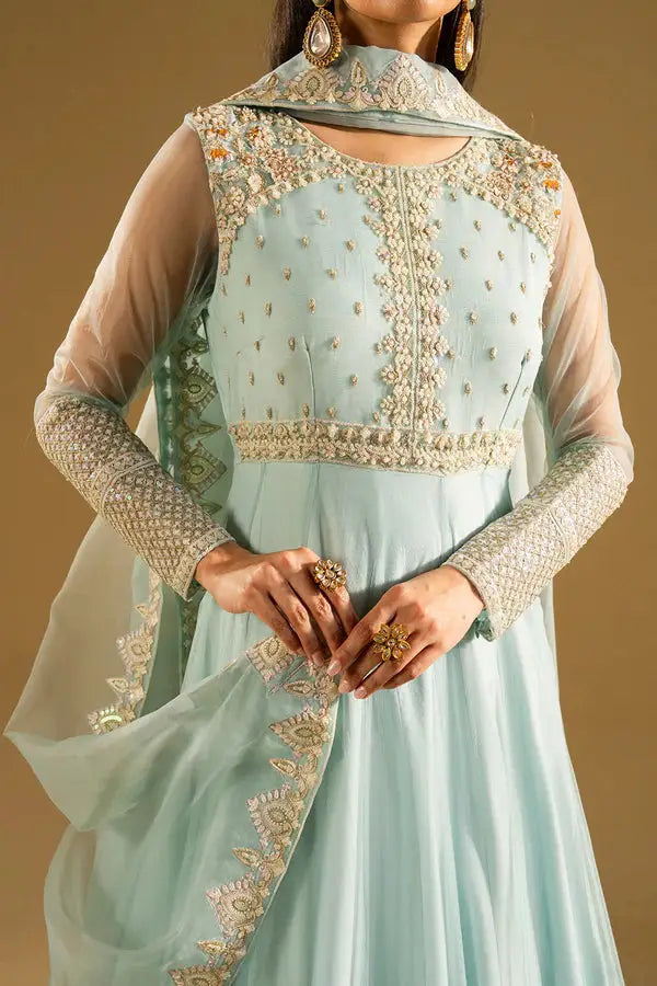 Close-up of MARYAM AND MARIA IZUMI Anarkali suit bodice, highlighting delicate embroidery, sheer sleeves, and ornate dupatta border.