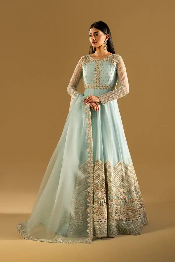 Front view of MARYAM AND MARIA IZUMI Pakistani Anarkali suit with detailed embroidery, sheer sleeves, and matching dupatta for festive occasions.