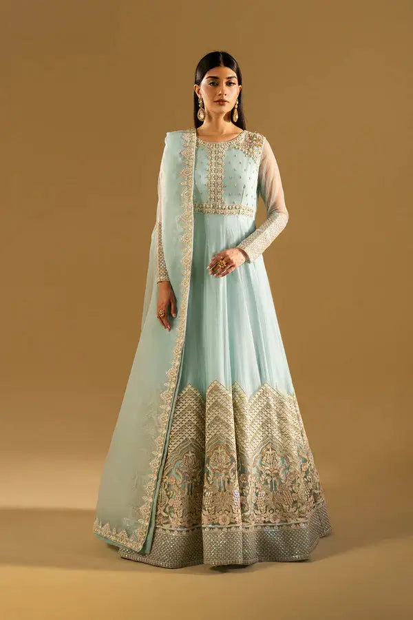 MARYAM AND MARIA IZUMI embroidered Anarkali suit in Clear Water blue with dupatta, showcasing traditional Pakistani elegance for women.