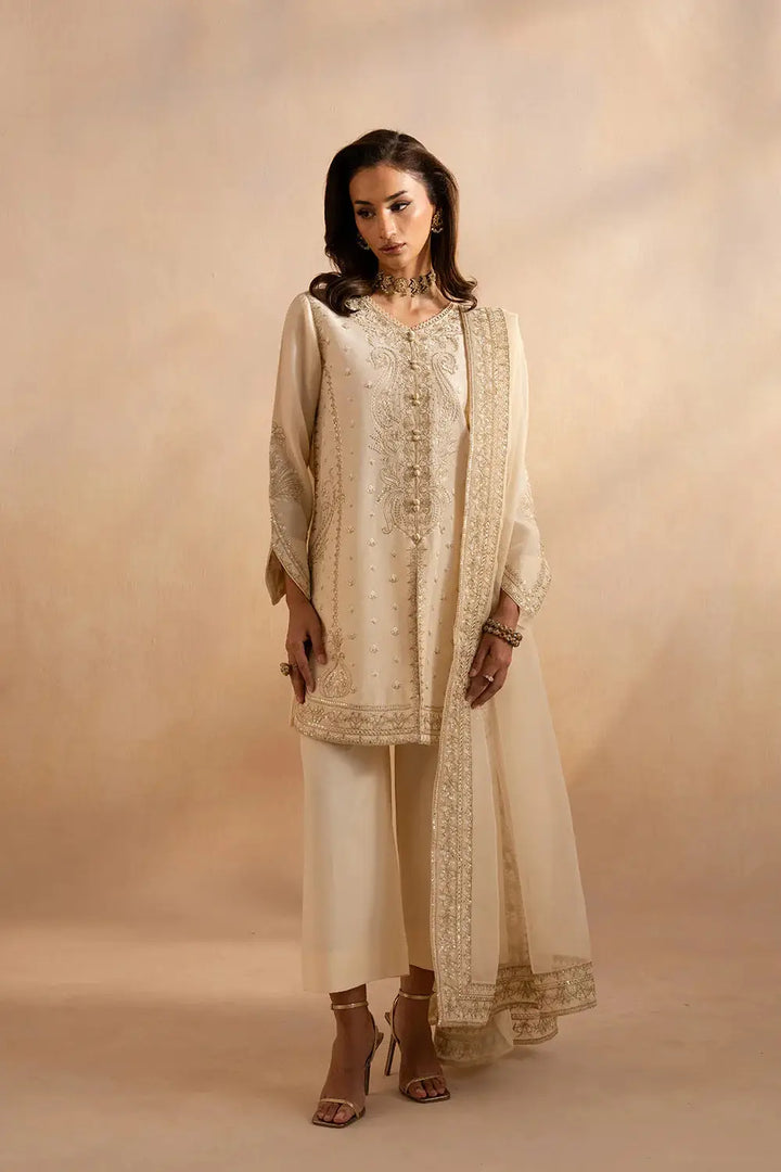 Maryum Alice Outfit - Mariam's Collection | Organza Set Beige featuring paisley embroidery on shirt, pants, and dupatta in a 3-piece ensemble.
