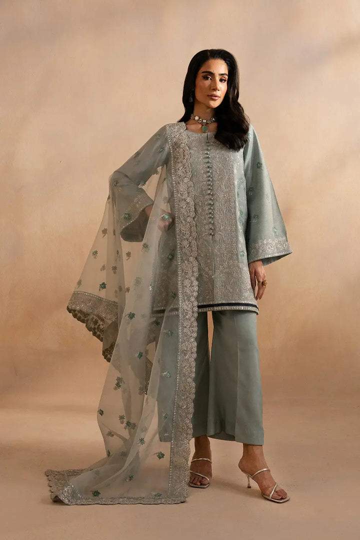 Maryum N Maria Evelyn 3-piece silk outfit in blue-grey with embroidered shirt, straight pants, and embellished dupatta for women.