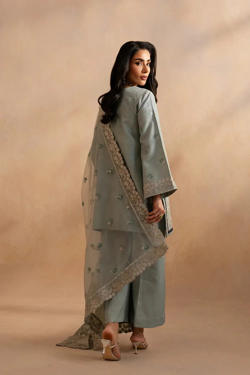 Maryum N Maria Evelyn 3-piece silk outfit in blue-grey with embroidered shirt, matching bottoms, and embellished dupatta for women.
