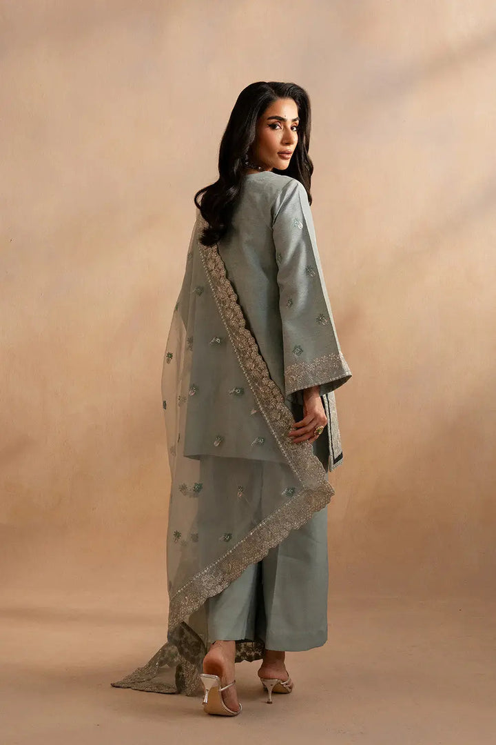 Maryum N Maria Evelyn 3-piece silk outfit in blue-grey with embroidered shirt, matching bottoms, and embellished dupatta for women.