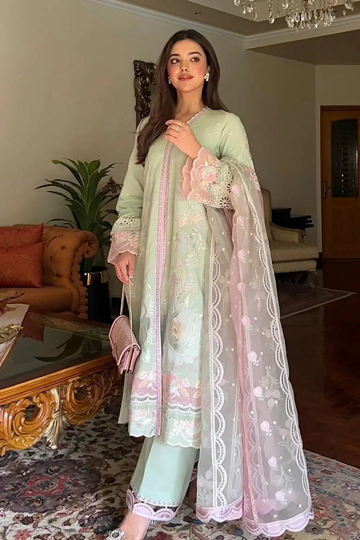 Elara 25 mint green embroidered shirt, bottom, and pink dupatta set by Maryum N Maria, blending traditional elegance with modern style.