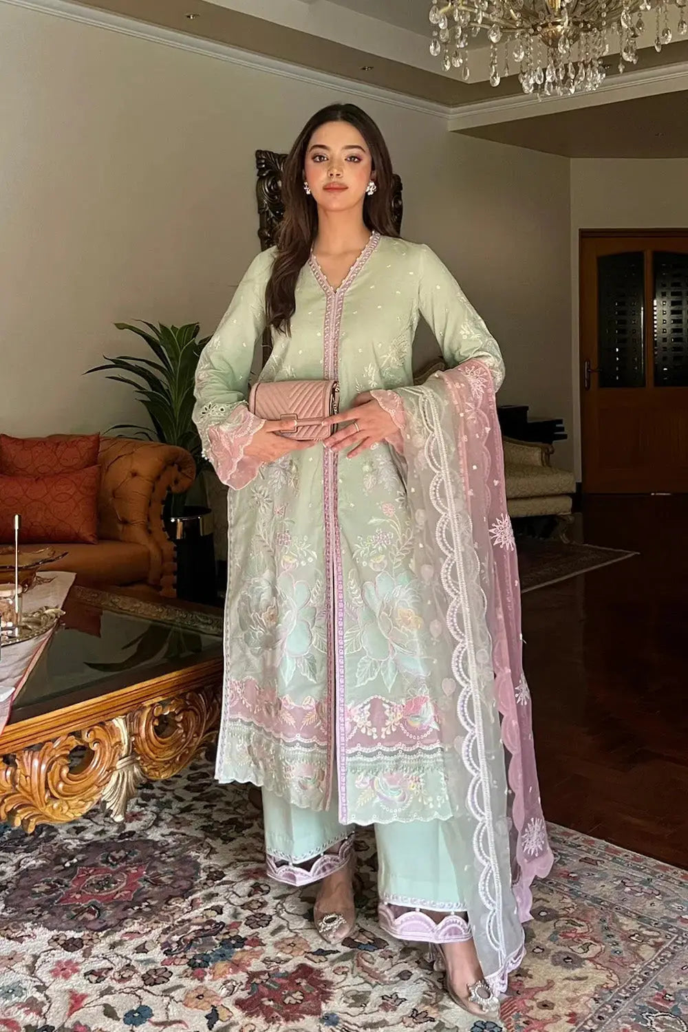 Pakistani ladies suit Elara 25 by Maryum N Maria with mint embroidered shirt, matching trousers, and sheer pink dupatta for a chic look.