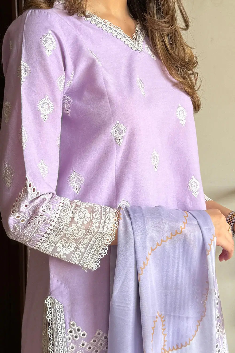 Detailed embroidery on lilac shirt sleeve and neckline of Elara 25 | ARIA - MS50364, a women’s 3 piece Pakistani pret outfit with silk dupatta.