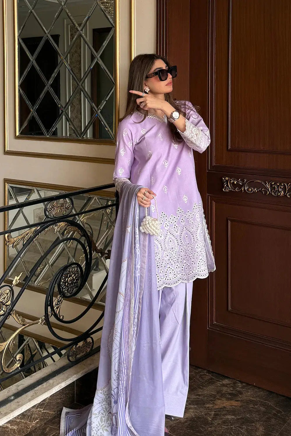 Women’s lilac Elara 25 | ARIA - MS50364 3 piece pret wear featuring intricate embroidery and elegant silk dupatta in Pakistani fashion style.