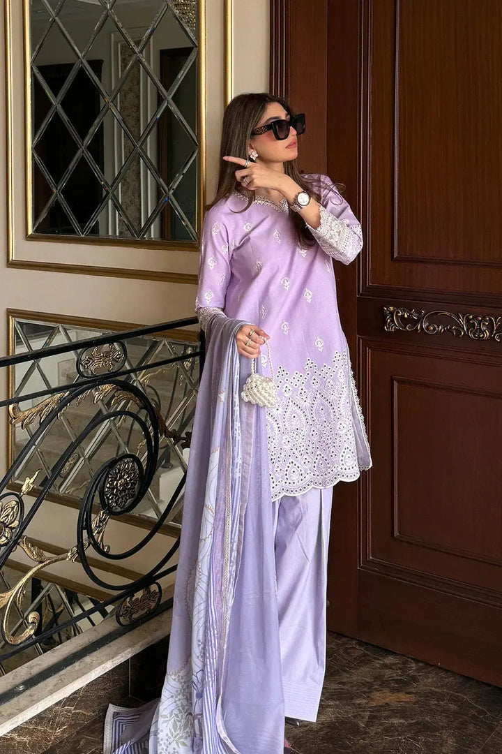 Women’s lilac Elara 25 | ARIA - MS50364 3 piece pret wear featuring intricate embroidery and elegant silk dupatta in Pakistani fashion style.