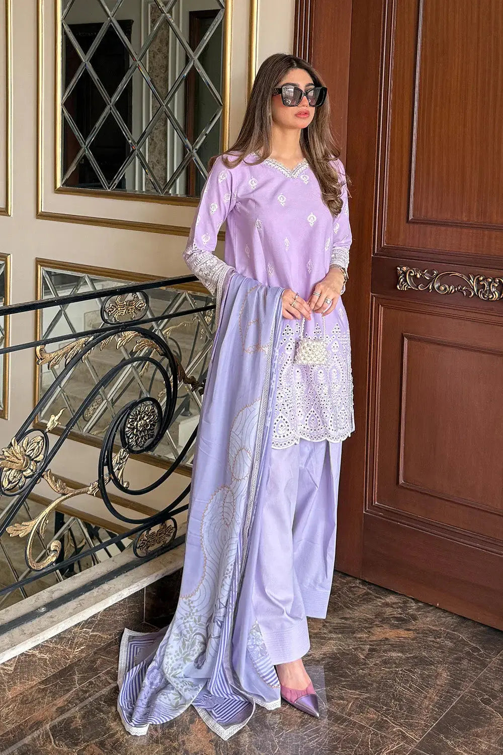 Elara 25 | ARIA - MS50364 lilac 3 piece Pakistani outfit with embroidered shirt, plain trousers, and printed silk dupatta for women.