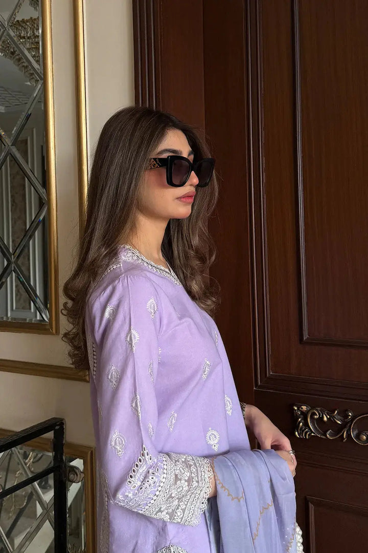 Close-up side view of Elara 25 | ARIA - MS50364 lilac embroidered shirt with white detailing, part of a women’s 3 piece Pakistani outfit.