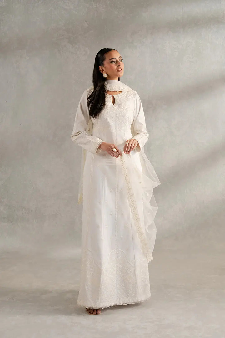 ESME MS50418 Pakistani Women's Three PC features a white embroidered lawn shirt, cambric trousers, and net dupatta for elegant formal wear.