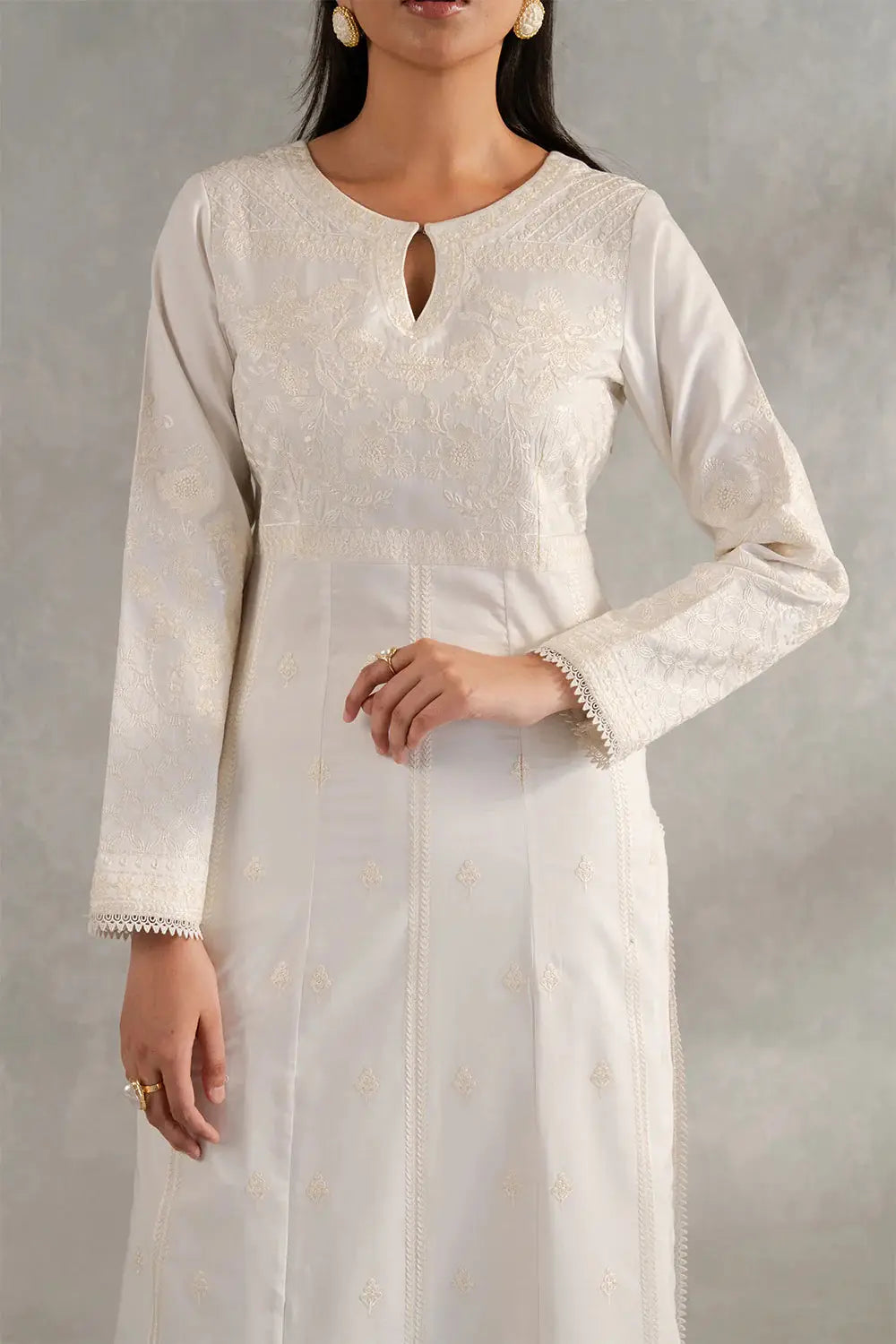 Close-up of ESME MS50418 shirt detailing fine embroidery on the neckline and sleeves, ideal for festive and formal occasions.