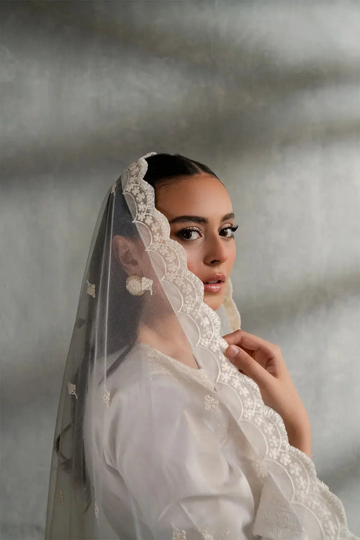 Model wearing ESME MS50418 with embroidered net dupatta draped over head, showcasing elegant lace border and traditional design.