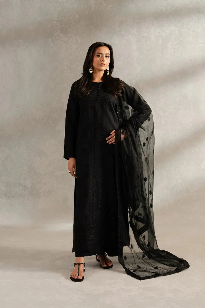 Maryum N Maria MS50424 women three-piece black lawn stitched outfit with embroidered shirt, plain trousers, and polka dot dupatta.