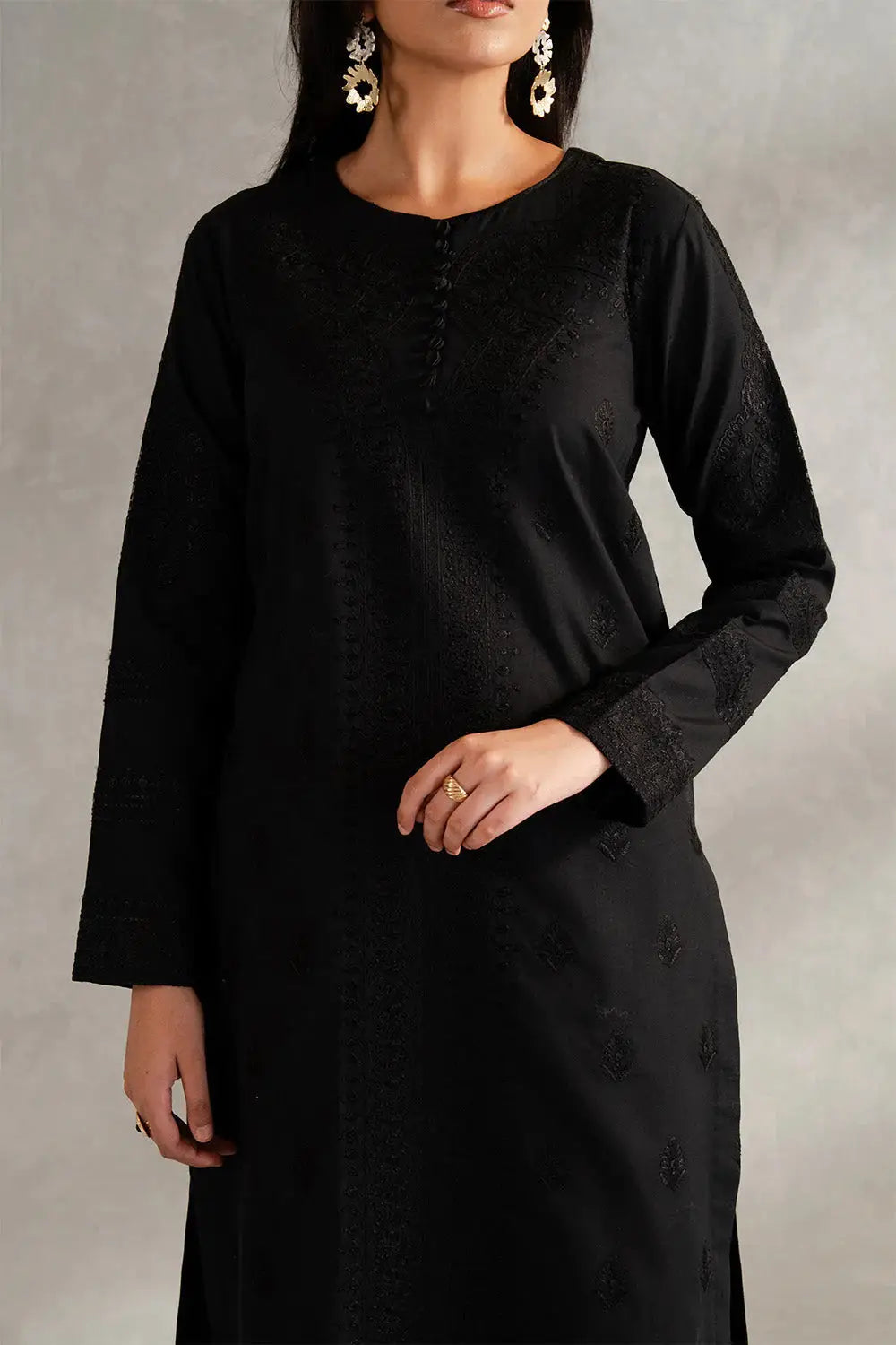 Close-up of Maryum N Maria MS50424 black embroidered lawn shirt featuring intricate detailing and full sleeves from the stitched collection.
