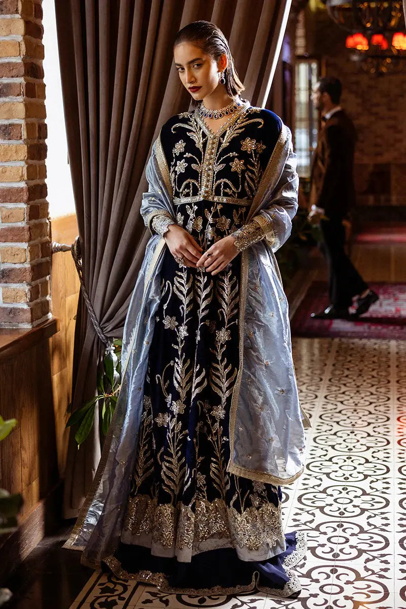 MUSHQ BLACK VELVET - Radiant Outfit featuring a navy blue velvet shirt with intricate zari, sequin, and pearl embroidery, paired with a silver organza dupatta. Ideal for festive and wedding occasions in the Apparel & Accessories > Clothing category.